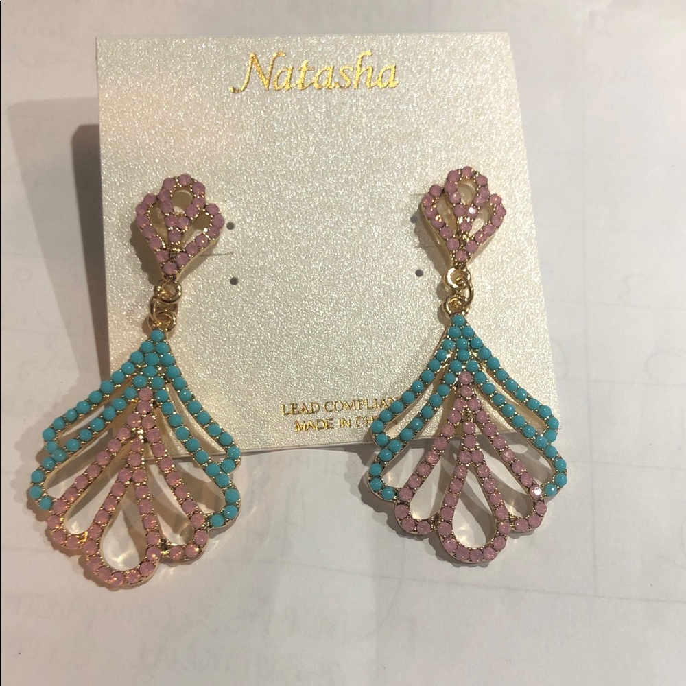 Natasha couture blue pink gemstone fan shell‎ shape two tiered dangling earrings